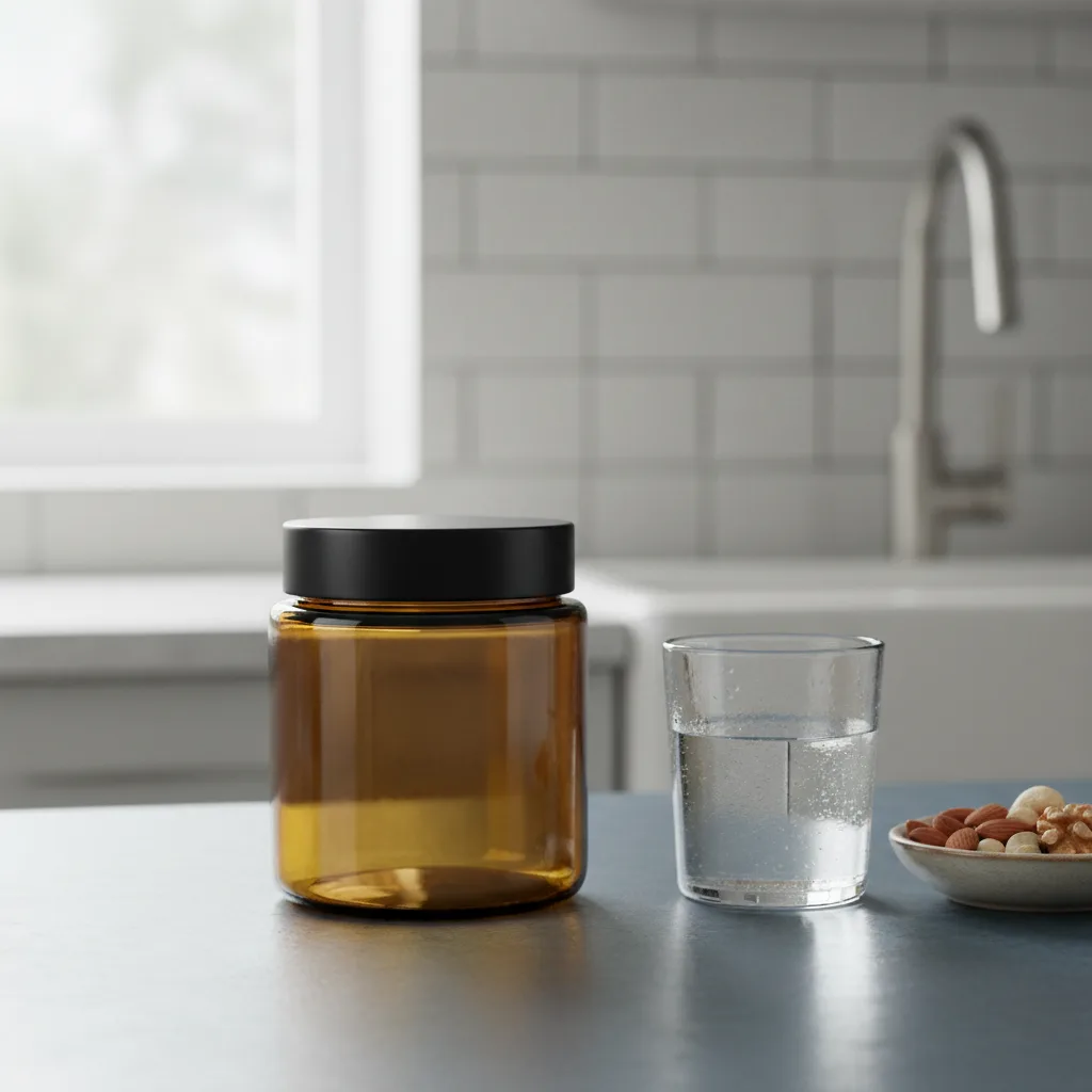 CovaFlow Wellness pot op een licht keukenblad naast een glas water en een kom noten, ochtendlicht